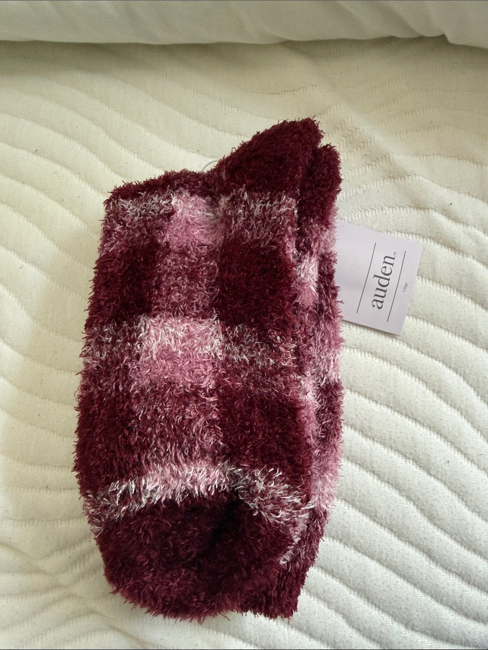 Auden Burgundy and Light Pink Fuzzy Check Lounge Socks